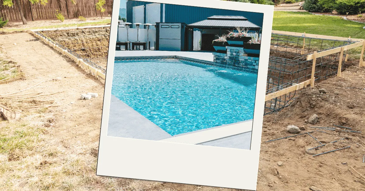 Before and after of a Barr Pools custom vinyl pool build in Northern Utah - excavation site transformed into a finished backyard pool