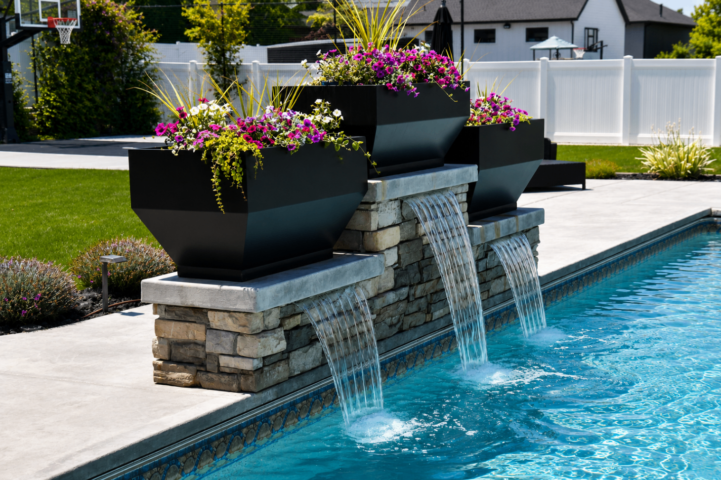 Stacked stone pool water feature with cascading sheer descents and modern planters in Northern Utah