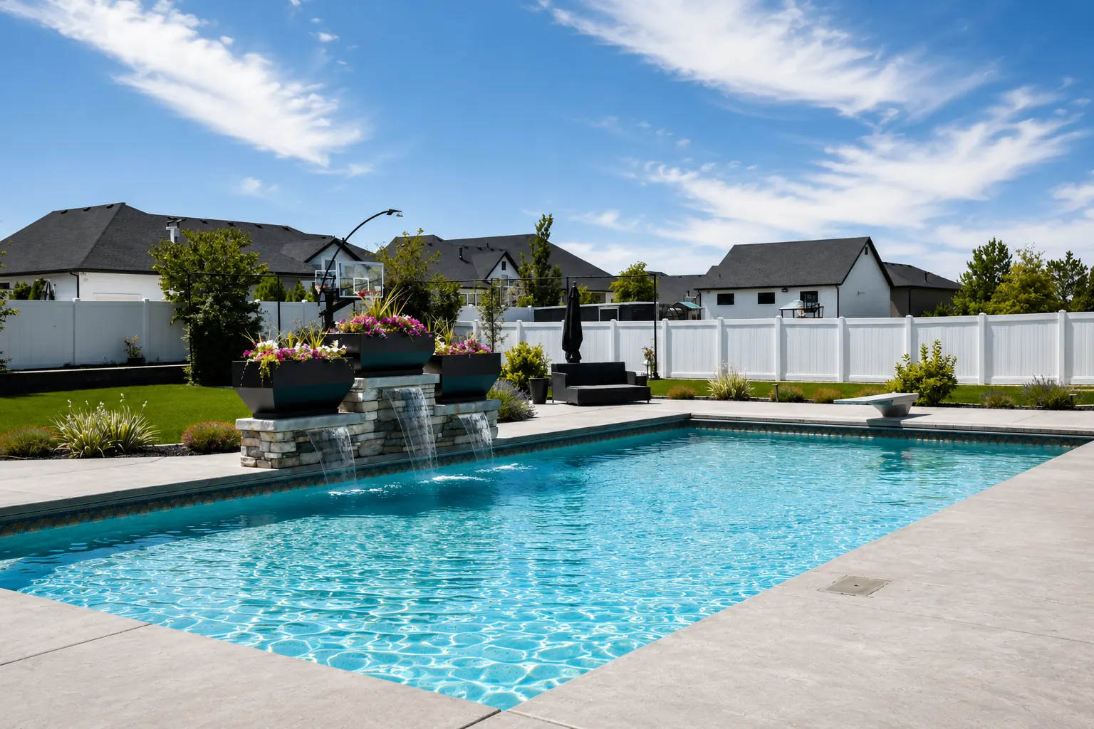 Custom rectangular vinyl inground pool with stacked stone water feature in a Northern Utah backyard