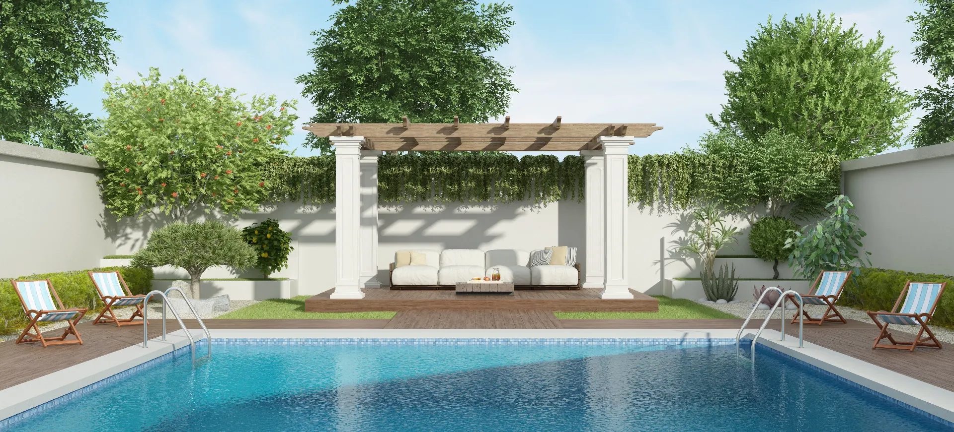 Luxury Garden Pool - Northern Utah Vinyl Pool Builder Large luxury garden swimming pool surrounded by professional landscaping in Northern Utah by Barr Pool Builders