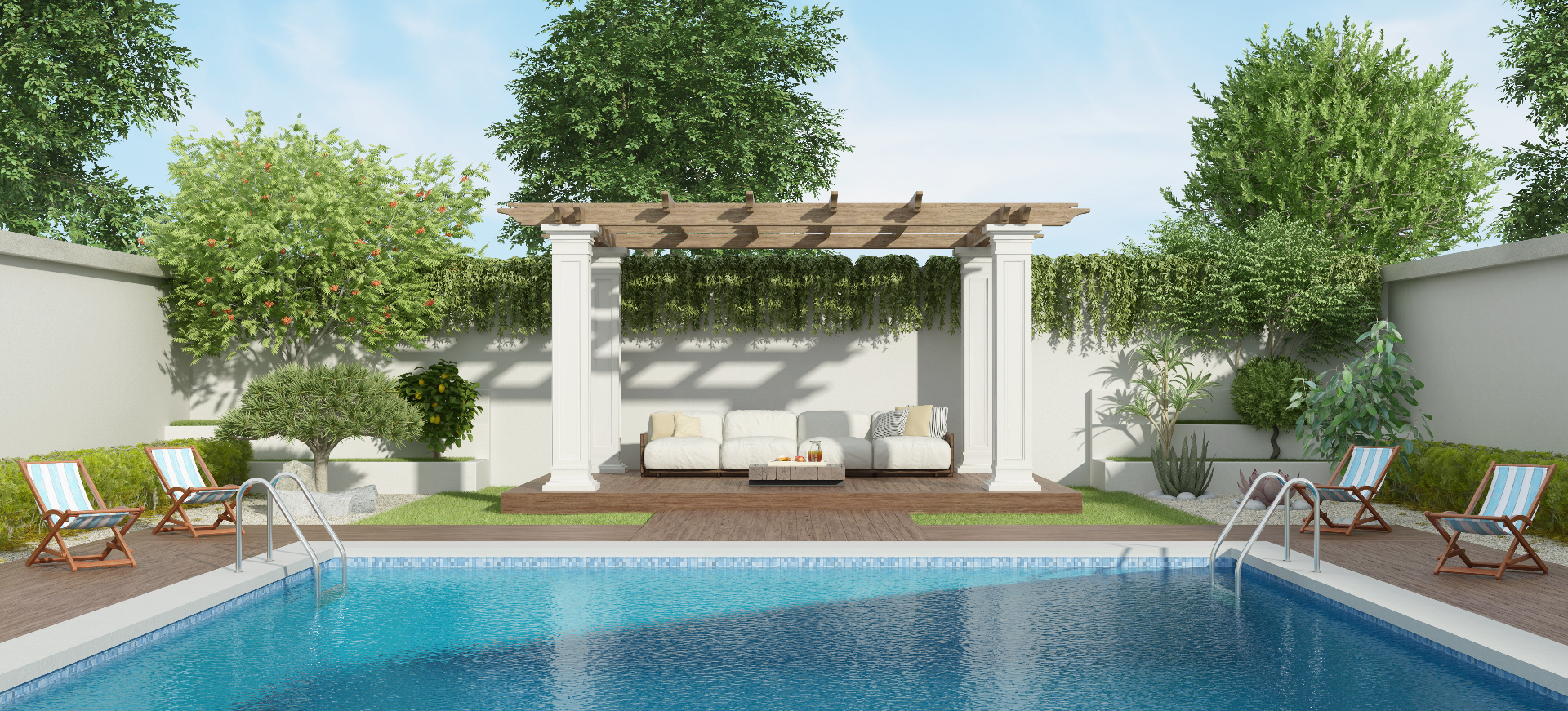 Luxury Garden Pool — Northern Utah Vinyl Pool Builder Large luxury garden swimming pool surrounded by professional landscaping in Northern Utah by Barr Pool Builders
